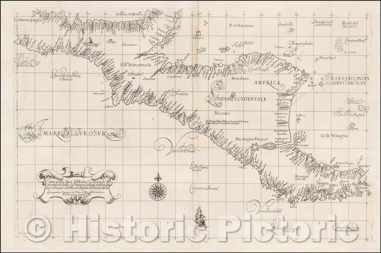 Historic Map - Carta particolare del'India Occidentale che contiene il Golfo Vergua, La Baia di Honduras nel'mare Noort e parte del mare di Zur, 1646 - Vintage Wall Art