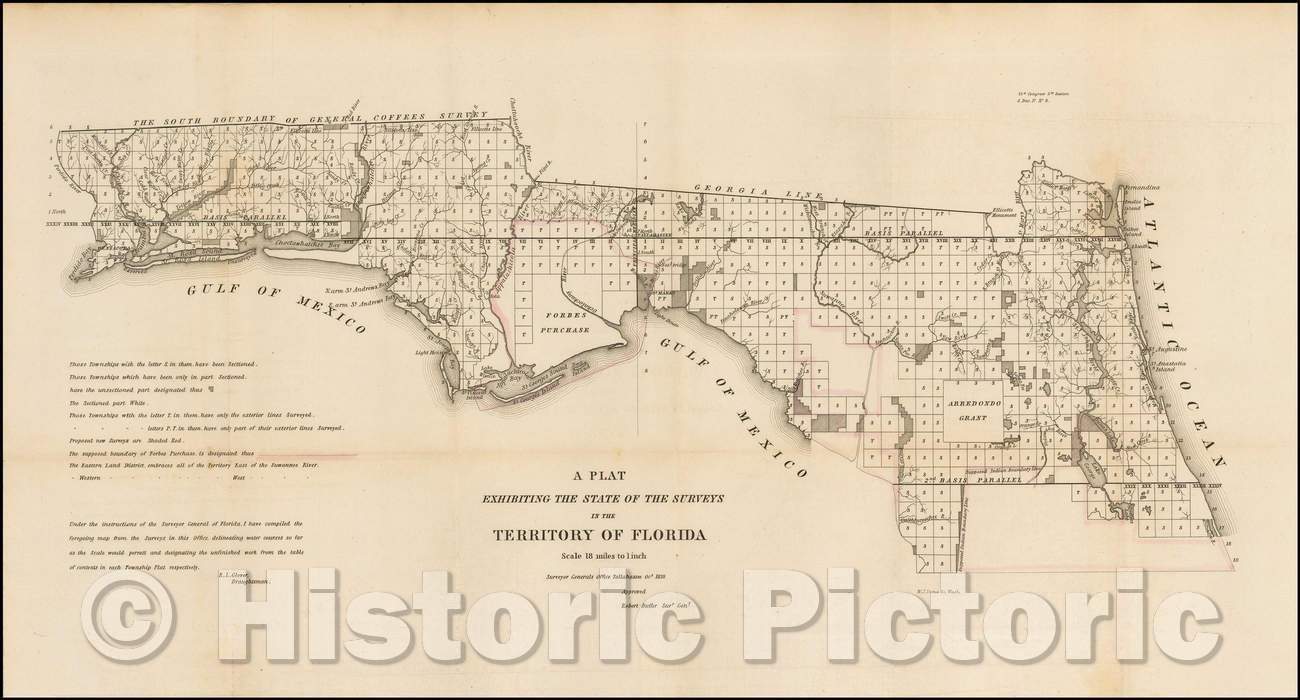 Historic Map - A Plat Exhibiting The State of the Surveys in the Territory of Florida, 1839, U.S. Surveyor General - Vintage Wall Art