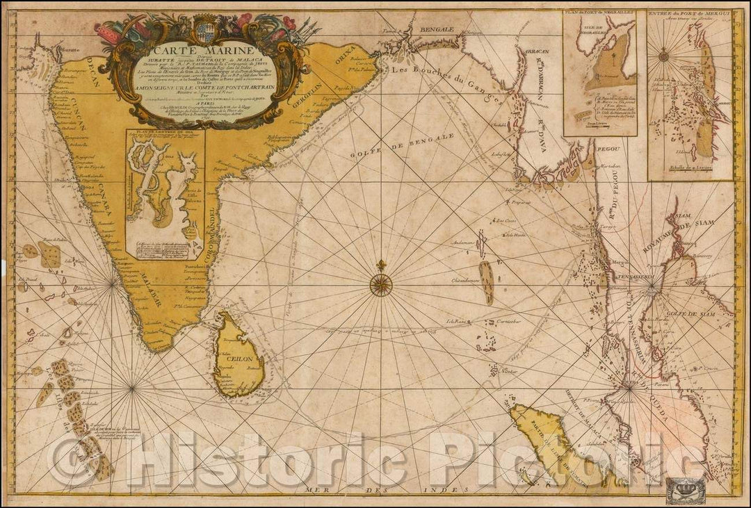 Historic Map - Carte Marine depuis Suratte jusqu'au Detroit de Malaca Dressee par le R.P. :: Navy since Suratte to Detroit Malacca compiled, 1701 - Vintage Wall Art