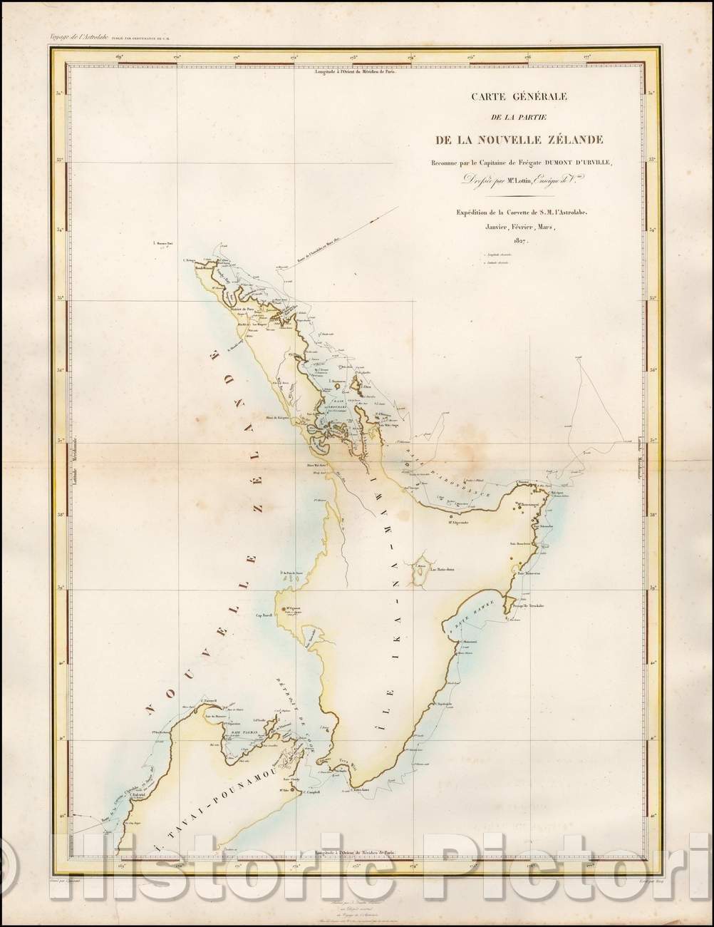 Historic Map - Carte Generale de la partie de la Nouvelle Zelande Reconnue :: Chart of the North Island of New Zealand, 1833 - Vintage Wall Art