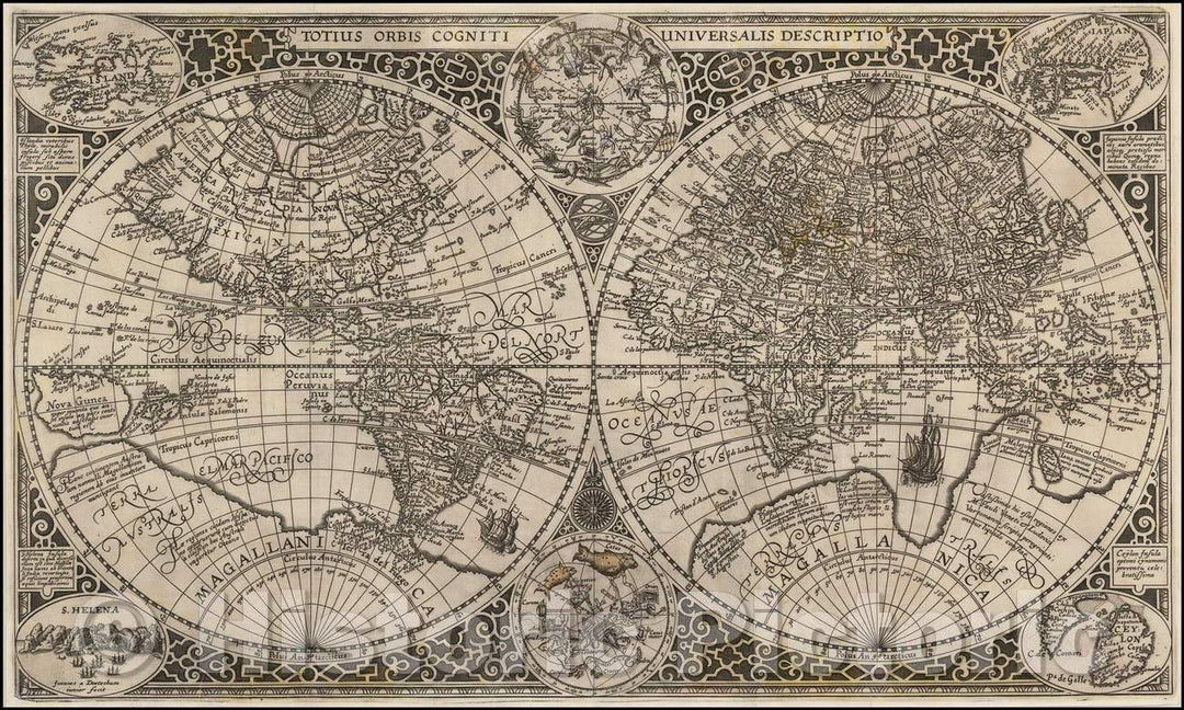 Historic Map - Totius Orbis Cogniti Universalis Descriptio/Projection of Marinus of Tyre, Dutch World Map, 1605, Paulus Merula - Vintage Wall Art