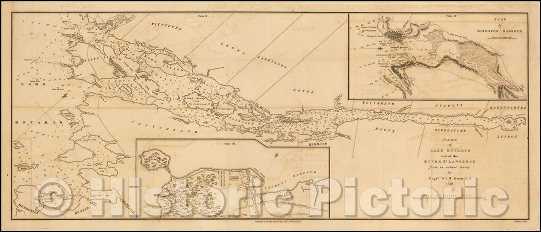 Historic Map - Part of Lake Ontario and of the River St. Lawrence from an actual Survey, 1818, John Walker - Vintage Wall Art