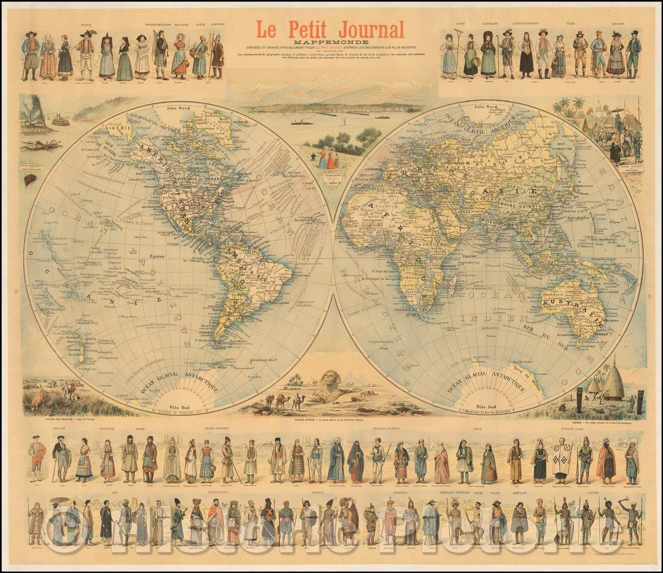 Historic Map - Wall Map of the World Mappemonde Dressee et Grave Specialement pour Le Petit Journal D?apres les Documents le Plus Regents, 1900, Menetrier - Vintage Wall Art