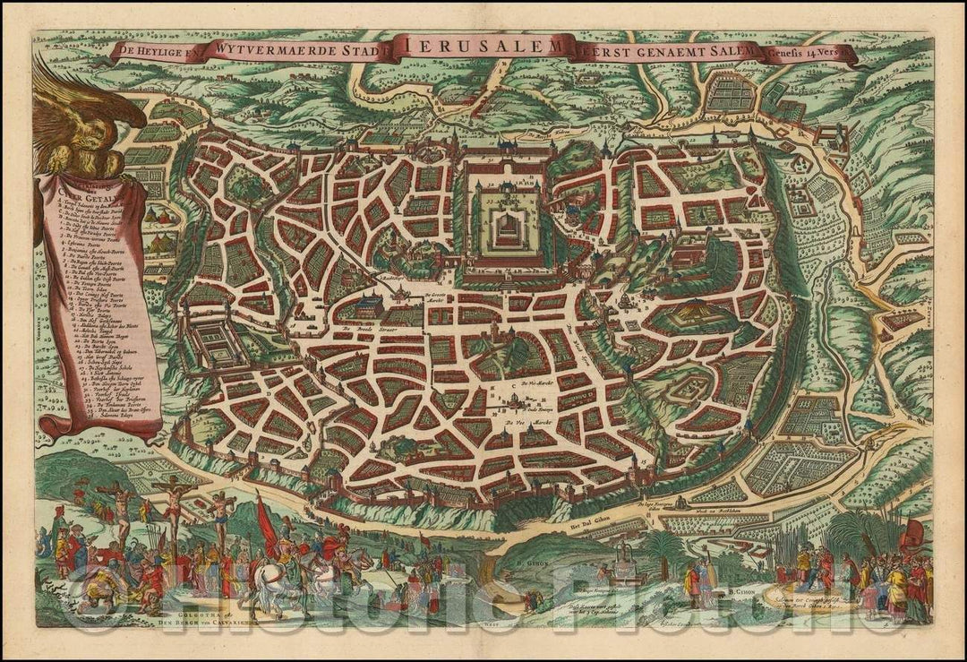 Historic Map - De Heylige en Wytvermaerde Stadt Ierusalem Eerst Genaemt Salem Genesis 14, V/Bird's-eye View of Jerusalem in cold color, 1663 - Vintage Wall Art