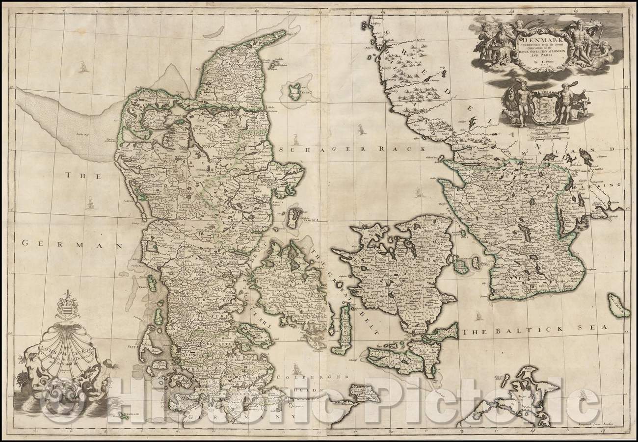 Historic Map - Denmark Corrected From the Newest Observations of the Royal Societies of London and Paris, 1711, John Senex - Vintage Wall Art