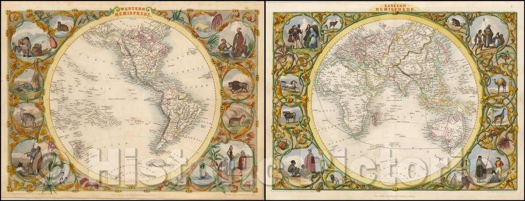 Historic Map - Western Hemisphere and Eastern Hemisphere, 1851, John Tallis v3