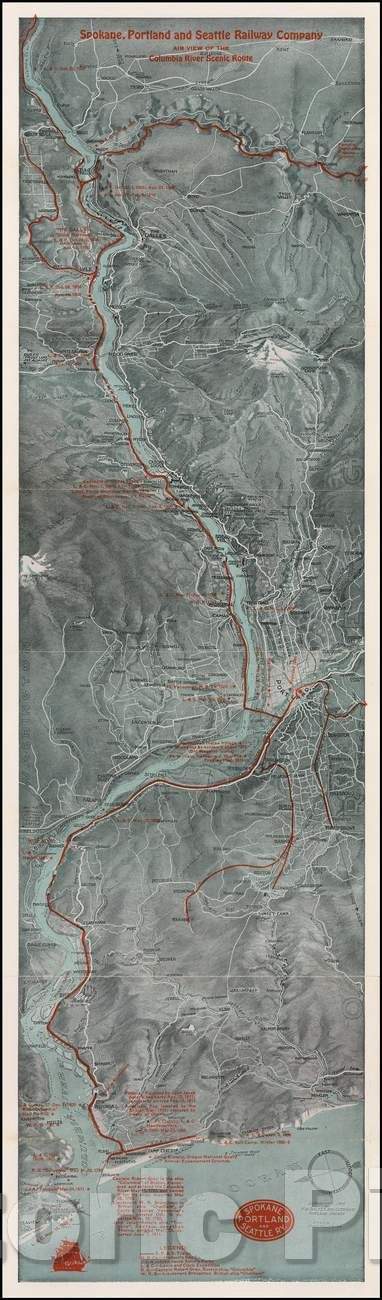 Historic Map - Spokane, Portland and Seattle Railway Company - Air View of the Columbia River Scenic Route, 1916, Fred A. Routledge - Vintage Wall Art