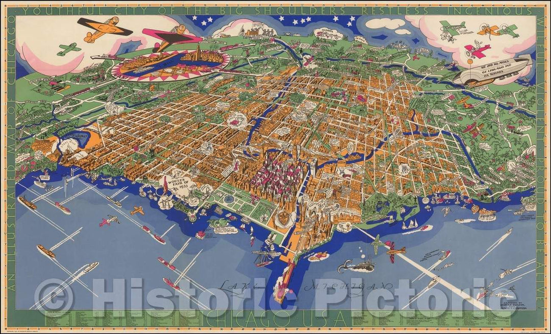 Historic Map - An Illustrated Map of Chicago Youthful City of the Big Shoulders Restless - Ingenious - Wilful - Violent - Proud To Be Alive, 1931, Charles Turzak - Vintage Wall Art