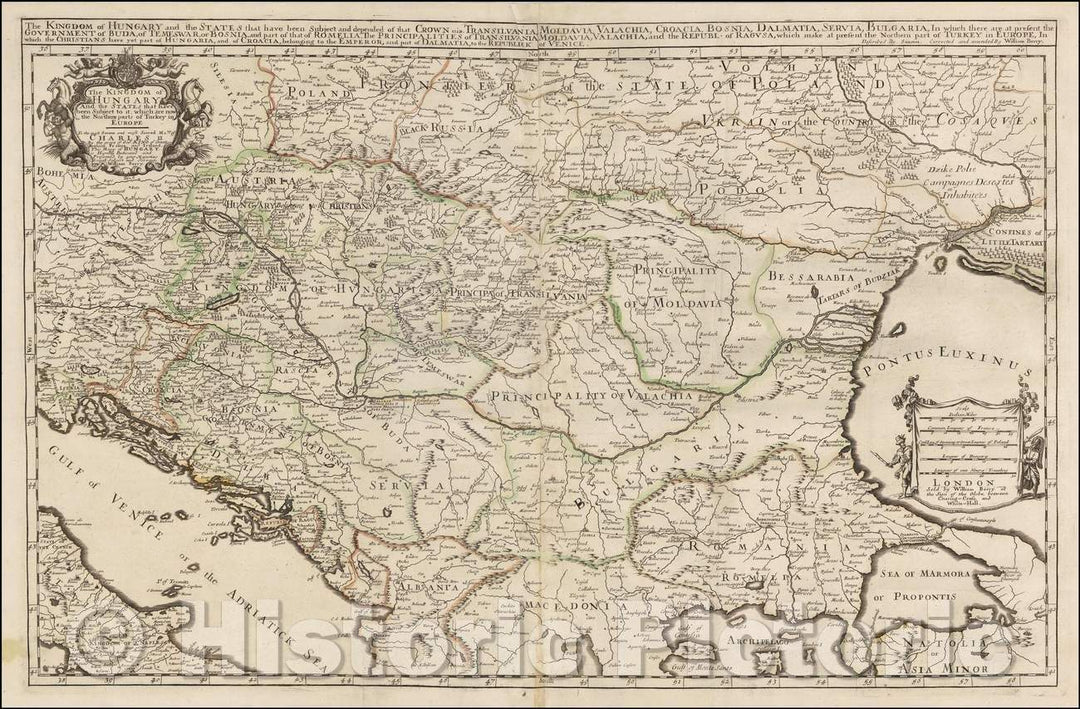 Historic Map - The Kingdom of Hungary and States. Transilvania, Moldovia, Valachia, Croacia, Bosnia, Dalmatia, The Black Sea and the Adriatic, 1683 - Vintage Wall Art