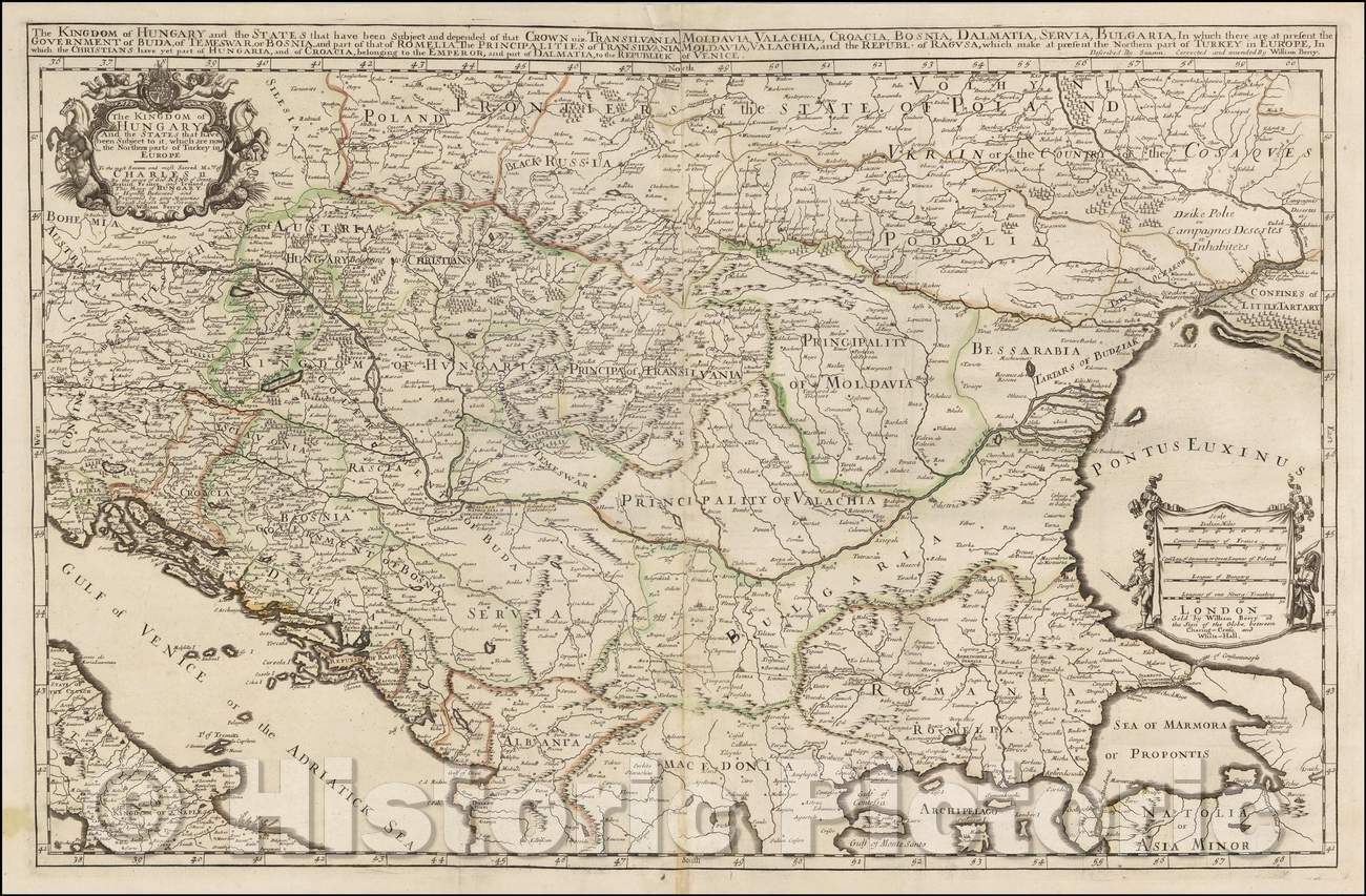 Historic Map - The Kingdom of Hungary and States. Transilvania, Moldovia, Valachia, Croacia, Bosnia, Dalmatia, The Black Sea and the Adriatic, 1683 - Vintage Wall Art