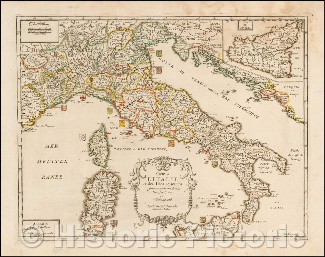 Historic Map - Carte de L'Italie et des Isles adjacentes ou sont exactement decrits/Map of Italy, published in Paris by Pierre Du Val in 1663, 1663 - Vintage Wall Art