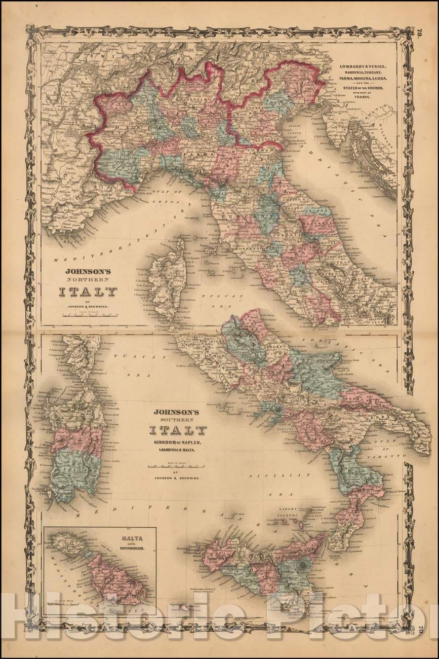 Historic Map - Johnson's Northern Italy and Southern Italy Kingdom of Naples, I. Sardinia & Malta [Large inset of Malta], 1859, Benjamin Ward - Vintage Wall Art