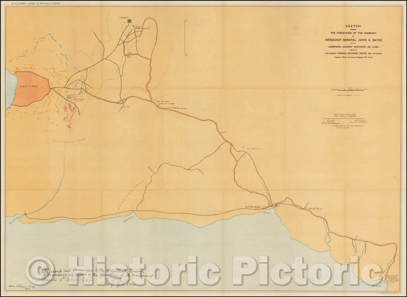 Historic Map - Sketch Showing The Operations of the Command of Brigadier General John C. Bates in the Campaign Against Santiago De Cuba, 1898, United States GPO - Vintage Wall Art