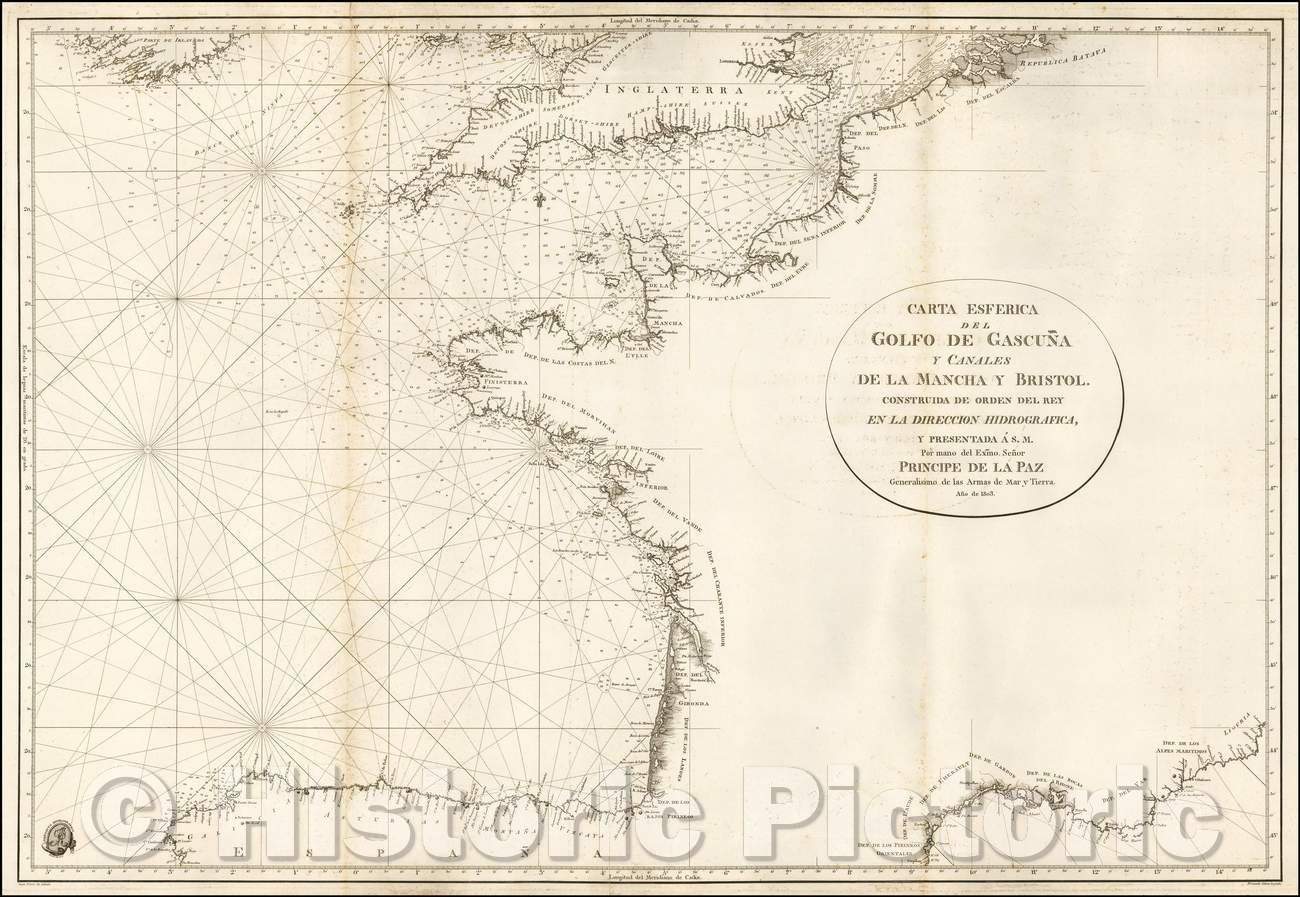 Historic Map - Carta Esferica del Golfo de Gascu? y Canales de la Mancha y Bristol/Official Spanish Blue Backed Sea Chart of the Bay of Biscay, 1803 - Vintage Wall Art