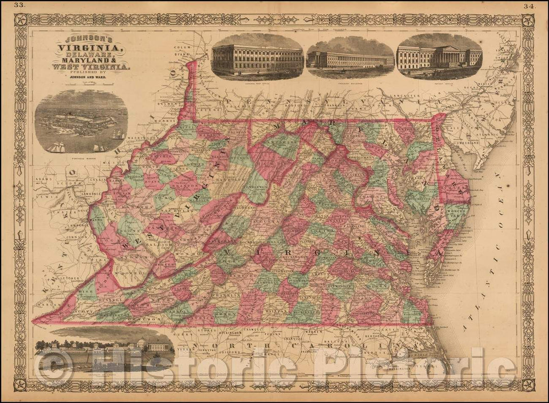 Historic Map - Johnson's Virginia, Delaware, Maryland & West Virginia, 1865, Benjamin Ward - Vintage Wall Art