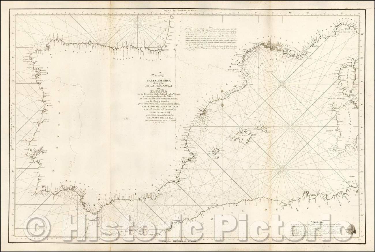 Historic Map - Carta Esferica de las Costas, Espa? las de Francia e Italia hasta el Cabo Venere :: Mediterranean, Porto Venere, Gulf of Venice, 1786 - Vintage Wall Art