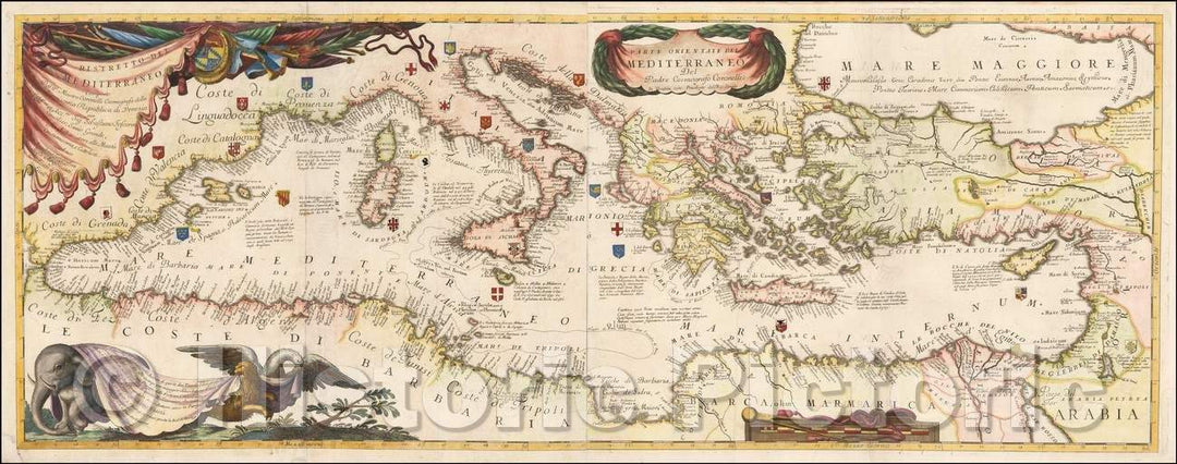 Historic Map - Ristretto del Mediterraneo/Vincenzo Maria Coronelli's Map, Maps of the Mediterranean published in Italy in the 17th Century, 1690 - Vintage Wall Art