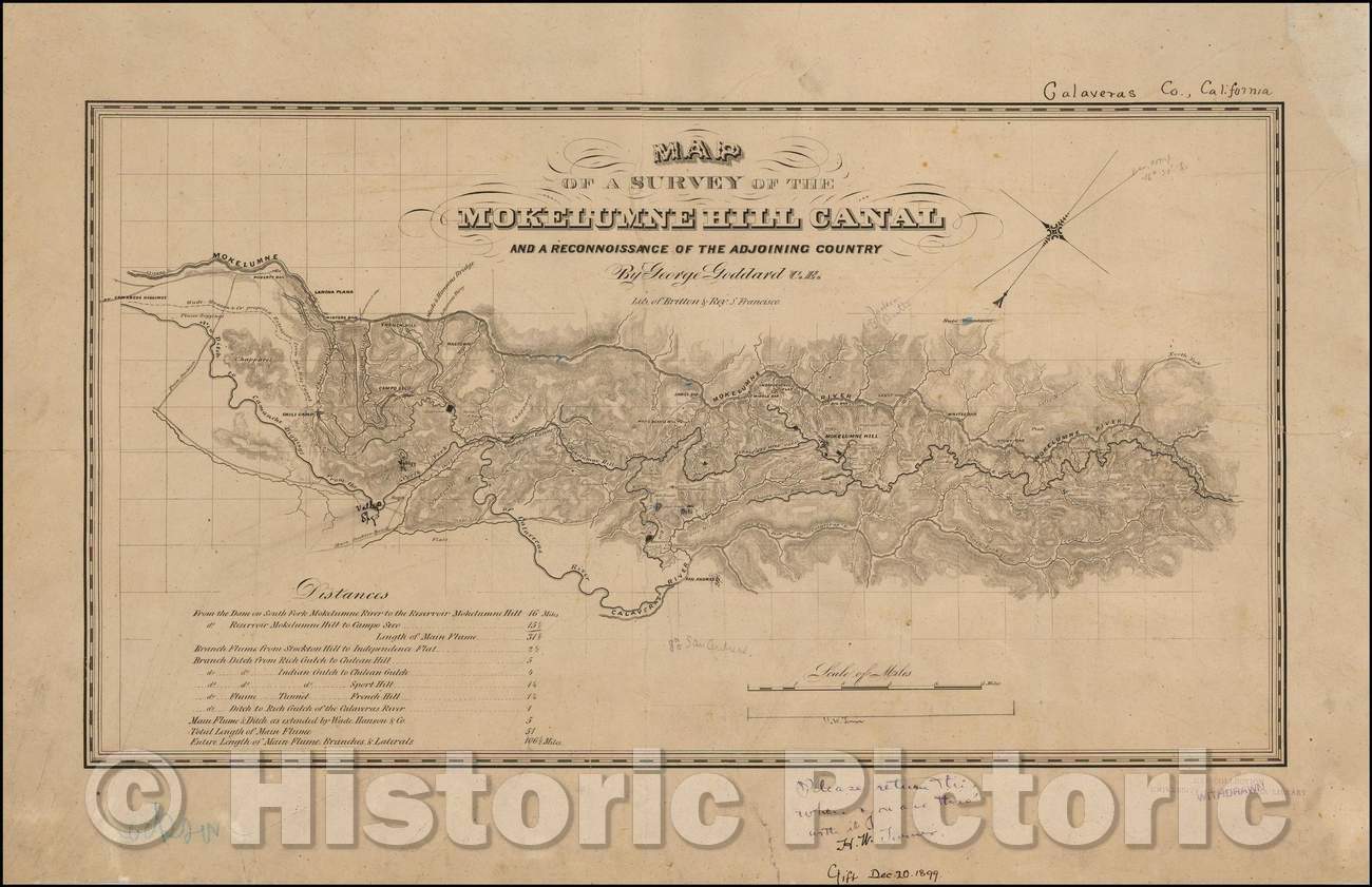 Historic Map - Map of a Survey of the Mokelumne Hill Canal and Reconnaissance of the Adjoining Country, 1853, George Henry Goddard - Vintage Wall Art