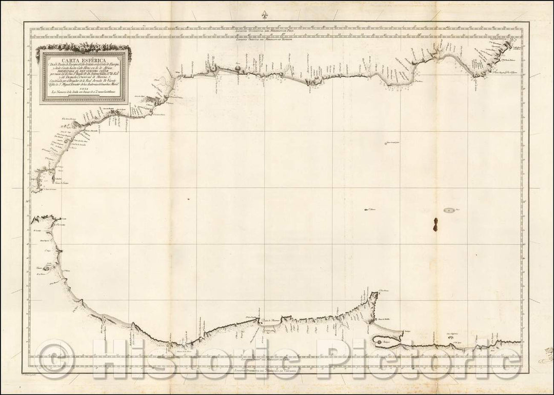 Historic Map - Carta Esferica Desde Punta de Europa a Cabo de Gata en la Costa de Europa, y desde Ceuta/Blue back Chart of the Western Mediterranean, 1787 - Vintage Wall Art