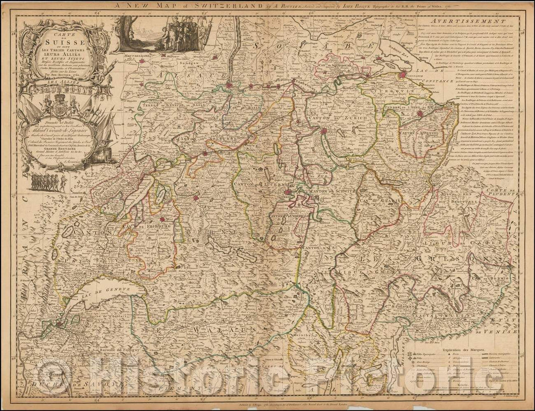 Historic Map - Carte de Suisse ou sont Les Treize Cantons Leurss Allies et Leurs Sujets/Map of Switzerland, John Rocque, in London, 1760, John Rocque - Vintage Wall Art