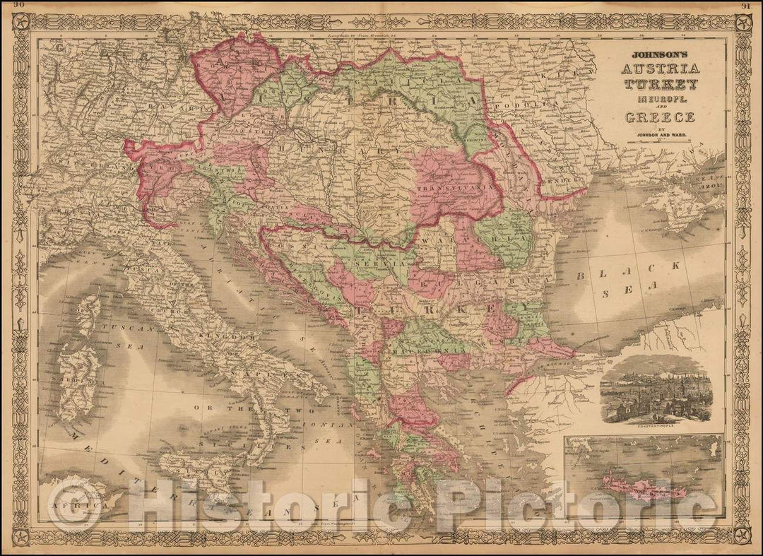 Historic Map - Johnson's Austria Turkey in Europe and Greece, 1866, Alvin Jewett Johnson - Vintage Wall Art