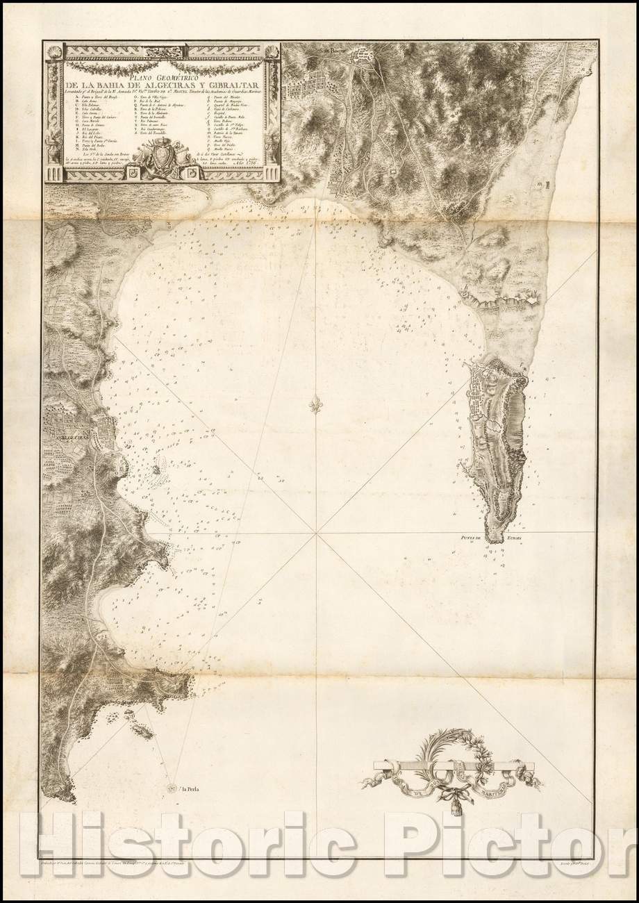 Historic Map - Plano Geometrico de la Bahia de Algeciras y Gibraltar/Blue back Chart of the area around Gibraltar and Algeciras, 1786 - Vintage Wall Art