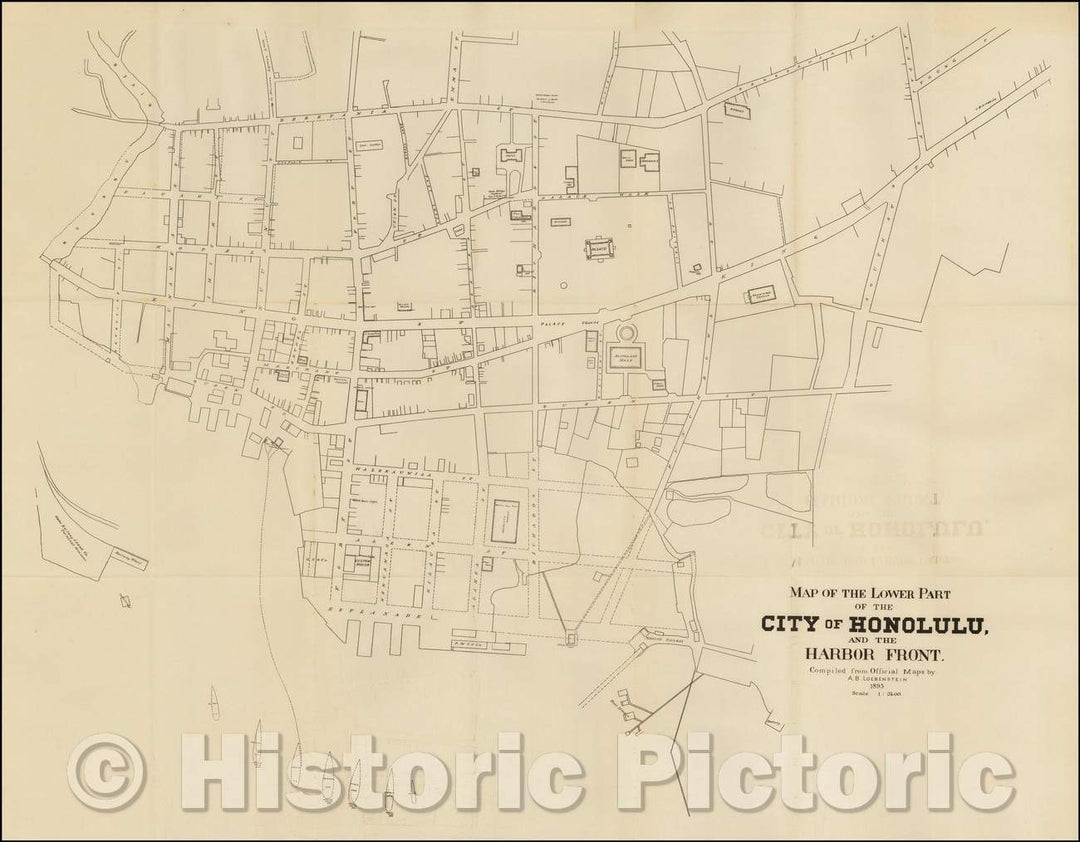 Historic Map - Map of the Lower Part of The City of Honolulu and the Harbor Front, 1893, A. B. Loebenstein - Vintage Wall Art