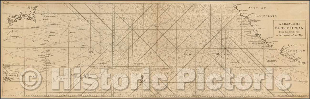 Historic Map - A Chart of the Pacific Ocean from the Equinotical to the Latitude of 39 1/2 d. No, 1750, Richard William Seale - Vintage Wall Art