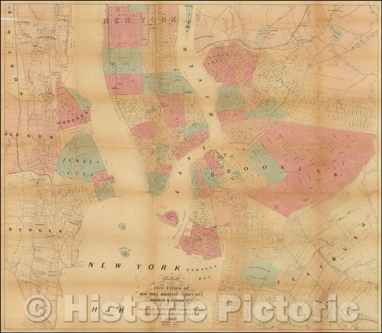 Historic Map - Map of the Five Cities of New York, Brooklyn, Jersey City, Hoboken & Hudson City, 1860, Matthew Dripps v1