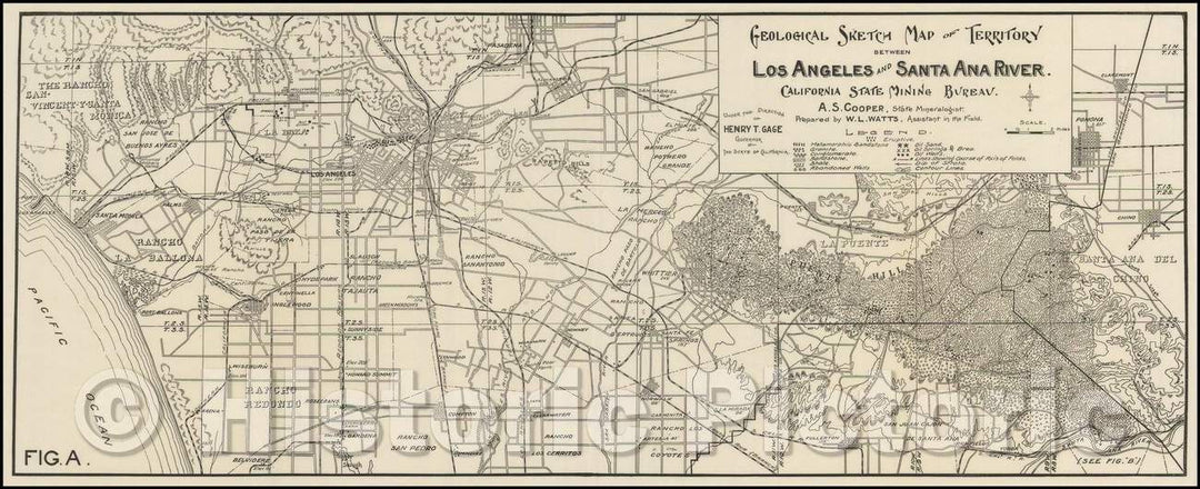 Historic Map - Geological Sketch Map of Territory Between Los Angeles and Santa Ana River. California State Mining Bureau, 1900, William Lord Watts - Vintage Wall Art