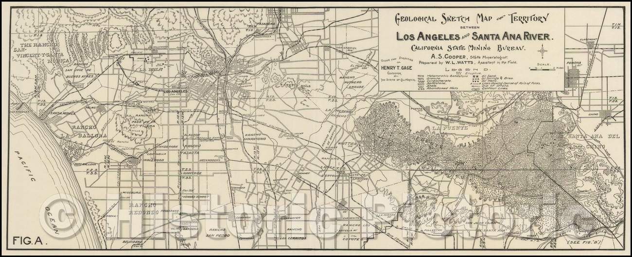 Historic Map - Geological Sketch Map of Territory Between Los Angeles and Santa Ana River. California State Mining Bureau, 1900, William Lord Watts - Vintage Wall Art