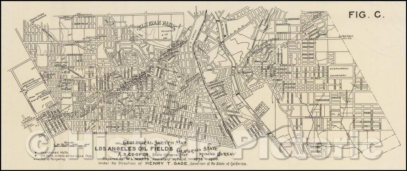 Historic Map - Geological Sketch Map Los Angeles Oil Fields. California State Mining Bureau. A.S. Cooper, State Mineralogist, 1900, William Lord Watts - Vintage Wall Art