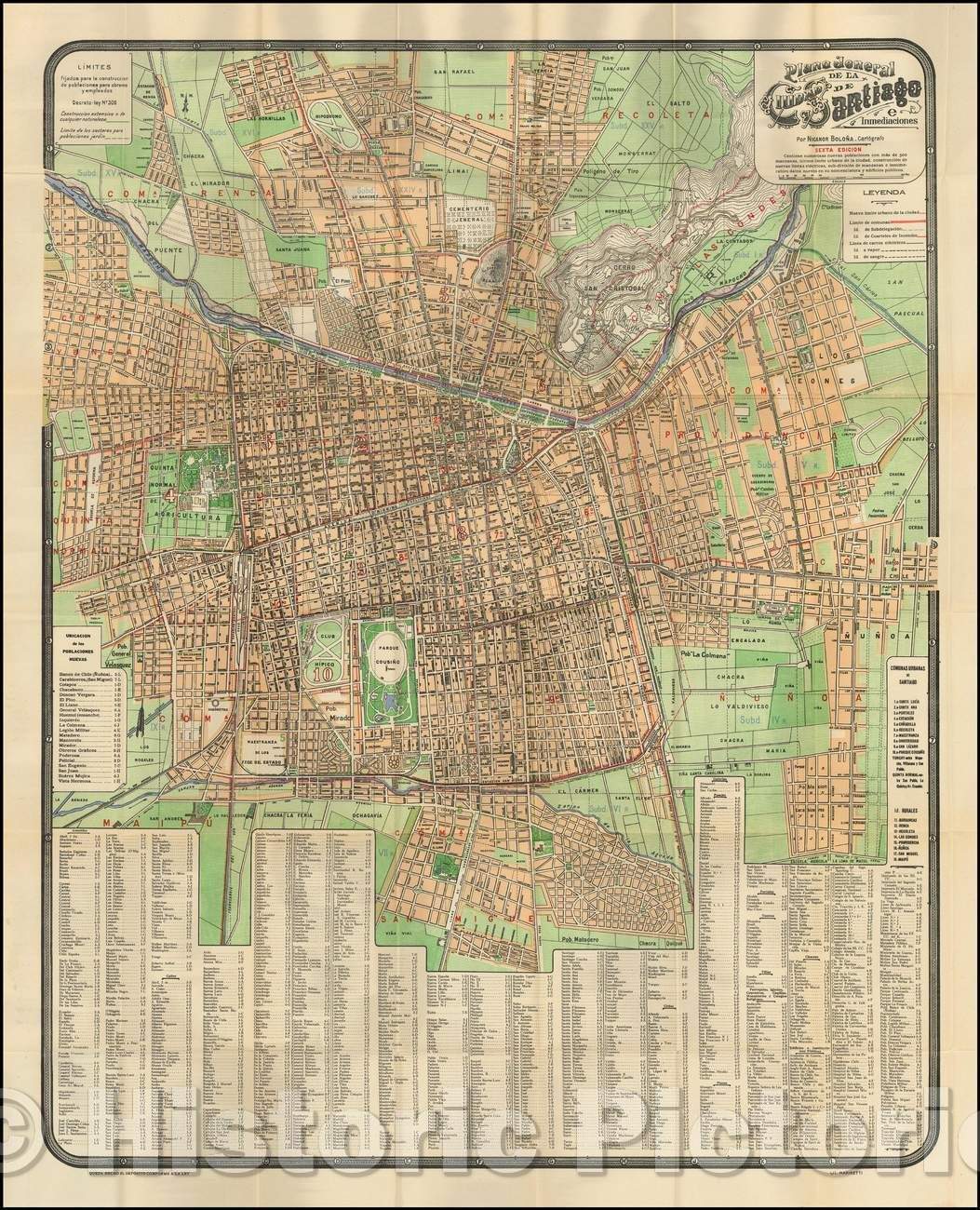 Historic Map - Plano Jeneral de la Ciudad de Santiago e Immediaciones Por Nicanor Bolo? - Cartografo :: Folding of Santiago, Chile, by Nicanor Bolo?, 1928 - Vintage Wall Art