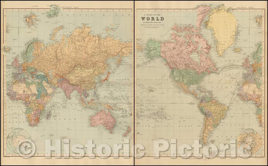 Historic Map - A Chart of the World on Mercator's Projection Shewing the Principal Ocean Steam Routes, the Submarine Telegraphs &c, 1896, Edward Stanford - Vintage Wall Art