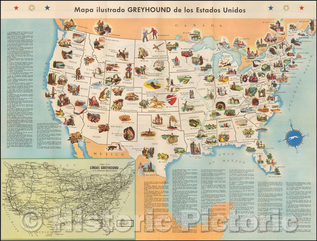 Historic Map - Mapa ilustrado Greyhound de los Estados Unidos/Spanish Language pictorial Map of the United States, published by Greyhound, 1946 - Vintage Wall Art