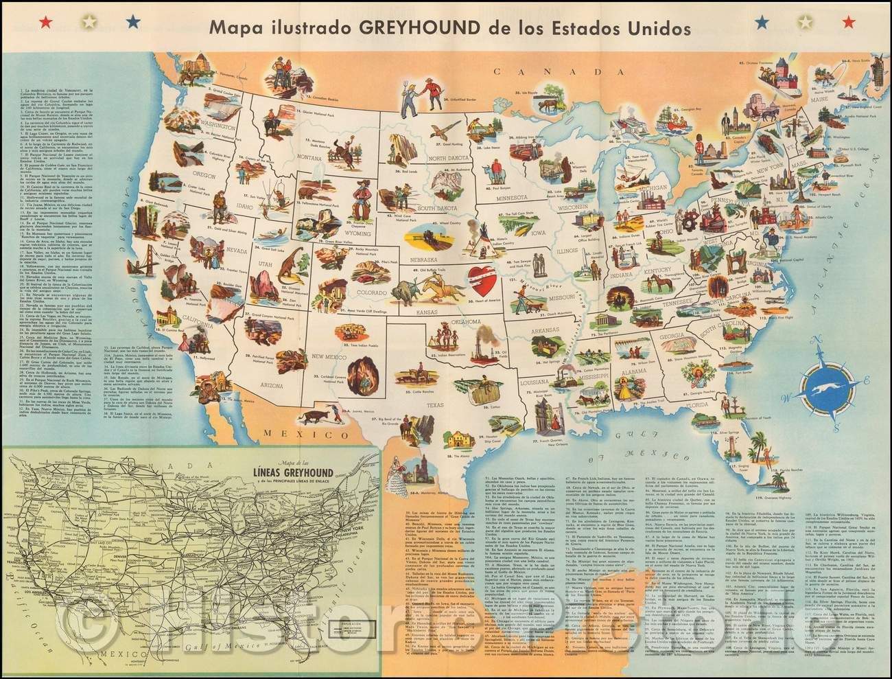 Historic Map - Mapa ilustrado Greyhound de los Estados Unidos/Spanish Language pictorial Map of the United States, published by Greyhound, 1946 - Vintage Wall Art