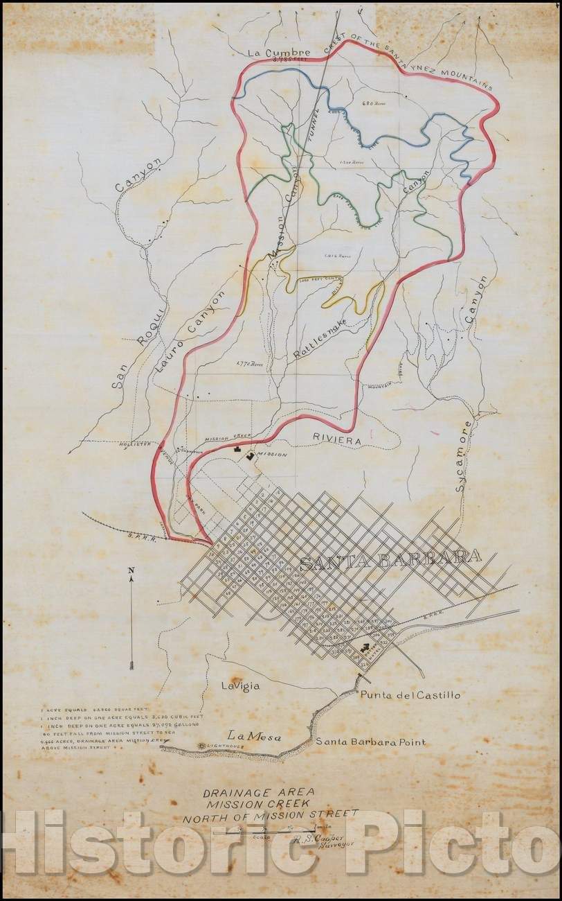 Historic Map - Santa Barbara Manuscript Map Drainage Area Mission Creek North of Mission Street, 1910, A. S. Cooper - Vintage Wall Art