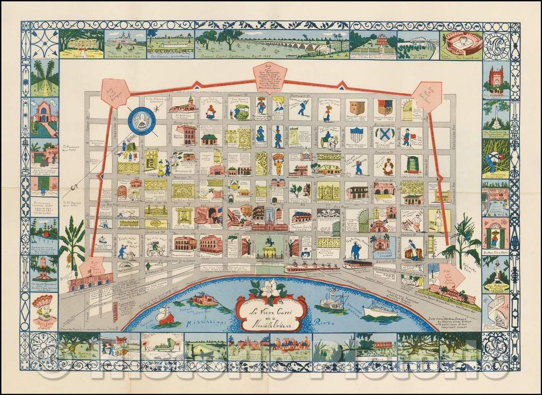 Historic Map - Le Vieux Carre de la Nouvelle Orleans/Map of New Orleans, drawn by Myro Zimmerman Barnes in New Orleans in 1942, 1942, Myro Zimmerman Barnes - Vintage Wall Art