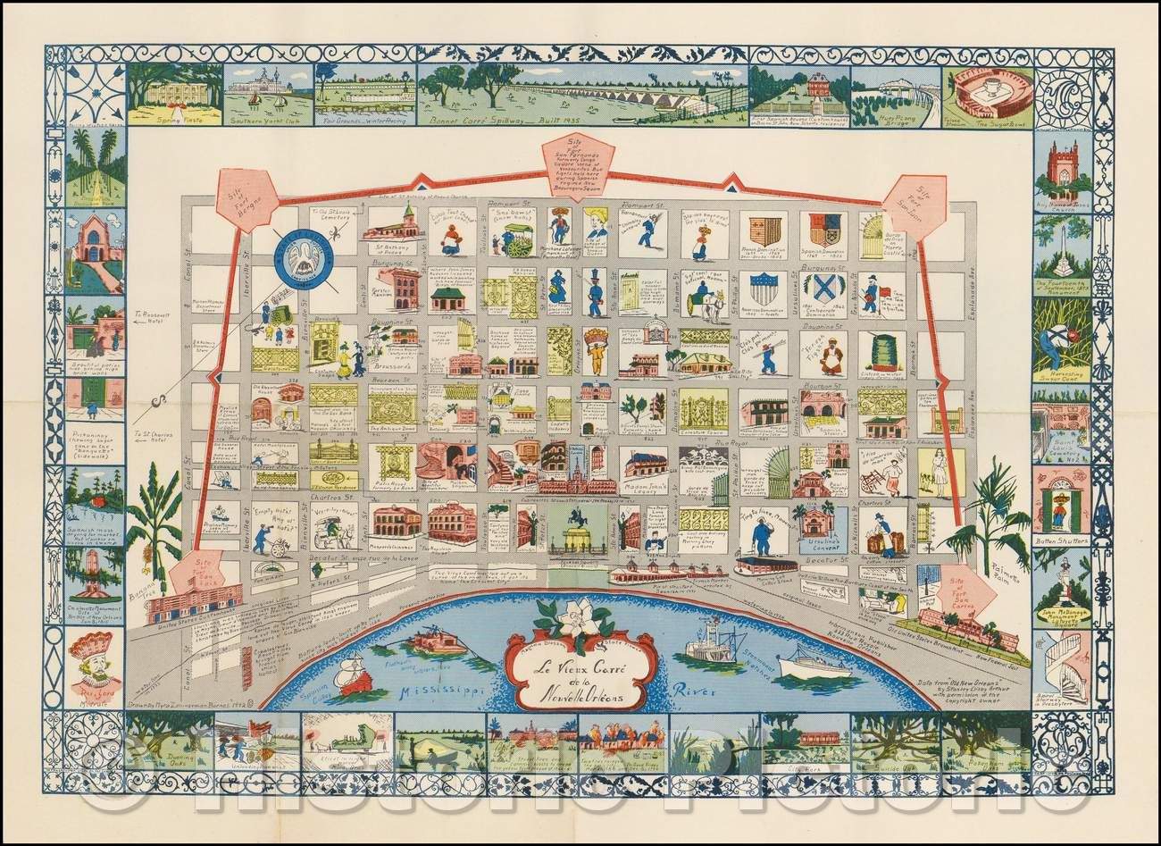 Historic Map - Le Vieux Carre de la Nouvelle Orleans/Map of New Orleans, drawn by Myro Zimmerman Barnes in New Orleans in 1942, 1942, Myro Zimmerman Barnes - Vintage Wall Art