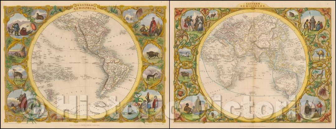 Historic Map - Western Hemisphere and Eastern Hemisphere, 1851, John Tallis v4