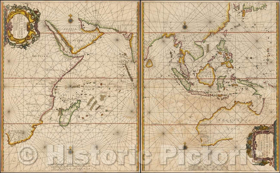 Historic Map - Pascaerte Van't Oostelyckste deel van Oost-Indien met alle de Eylanden :: Sea Chart of Australia, Southeast Asia and Indian Ocean, 1670 - Vintage Wall Art