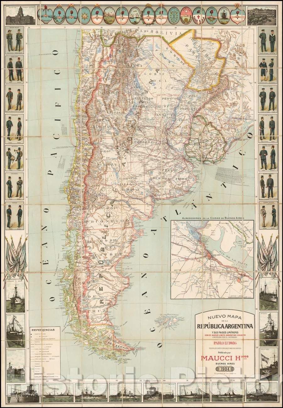 Historic Map - Nuevo Mapa de la Republica Argentina Y Sus Paises LImitrofes Con El/Pablo Ludwig's Map of Argentina, new Argentine-Chilean Border, 1904 - Vintage Wall Art