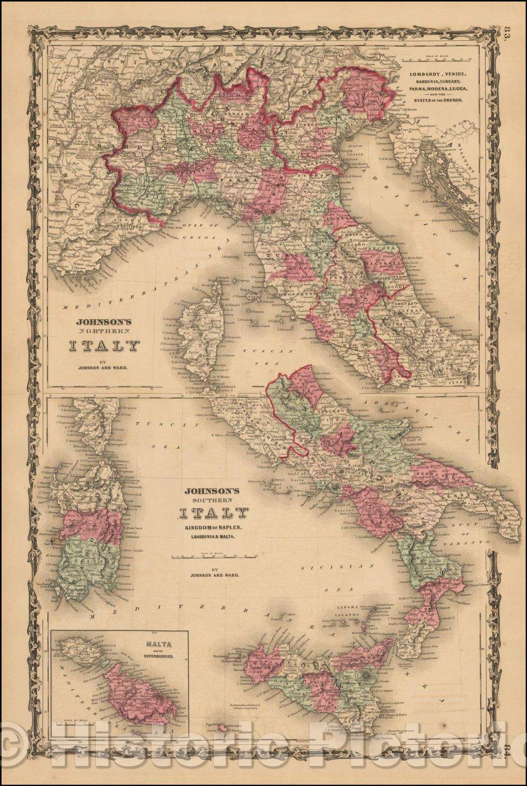 Historic Map - Johnson's Northern Italy and Southern Italy Kingdom of Naples, I. Sardinia & Malta [Large inset of Malta], 1862, Alvin Jewett Johnson - Vintage Wall Art