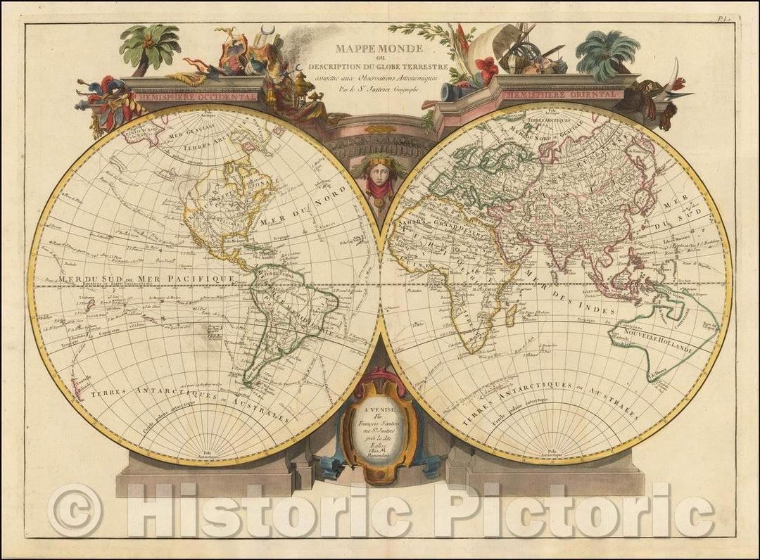 Historic Map - Mappe Monde ou Description Du Globe Terrestre assu/Double hemisphere Map of the World, published in Venice, 1776, Paolo Santini - Vintage Wall Art