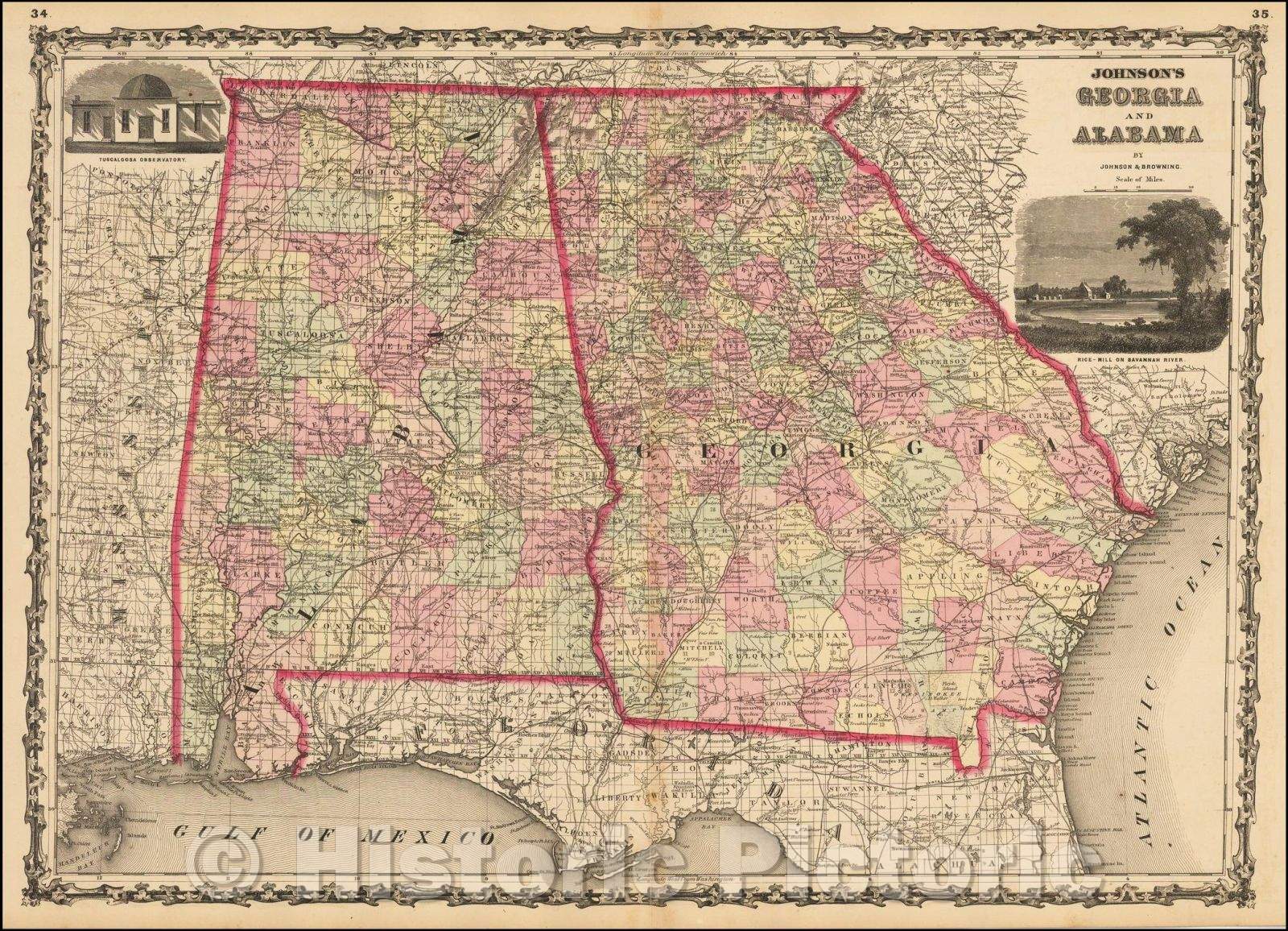 Historic Map - Johnson's Georgia and Alabama, 1861, Alvin Jewett Johnson - Vintage Wall Art