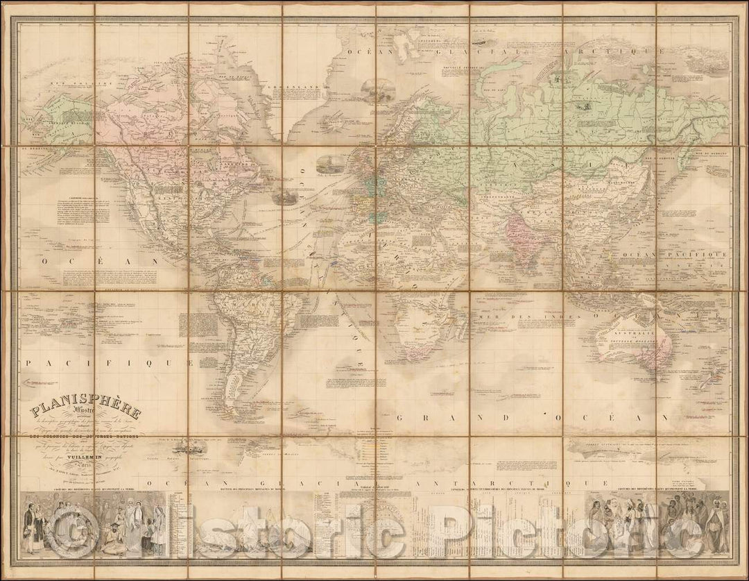 Historic Map - Planisphere Elementaire et Illustre Iniquant La Description Geographique Des Parties Connues De La Terre. Les decouvertes maritimes et continentales, 1856 v1