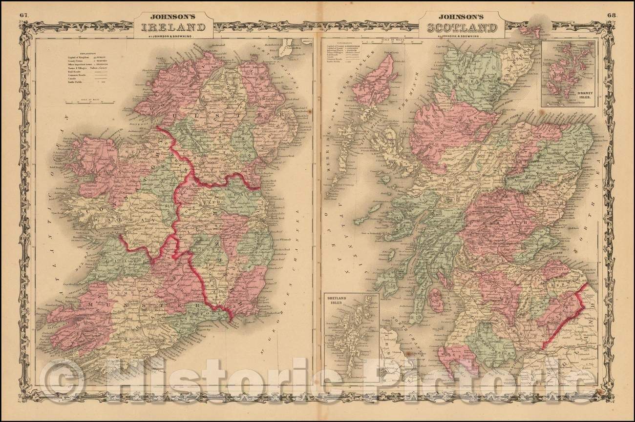 Historic Map - Johnson's Ireland [with] Johnson's Scotland, 1861, Alvin Jewett Johnson - Vintage Wall Art