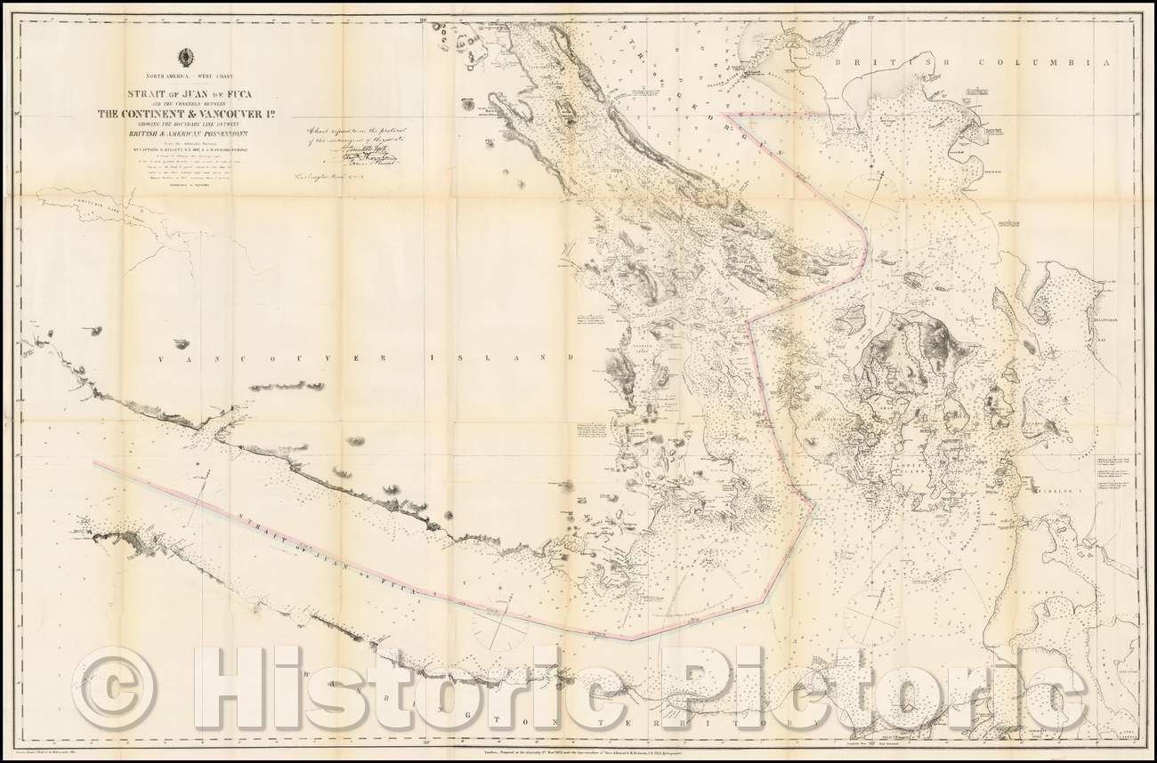 Historic Map - North America. West Coast. Strait of Juan De Fuca And The Channels Between The Continent & Vancouver Id, 1872, U.S. Hydrographical Office - Vintage Wall Art