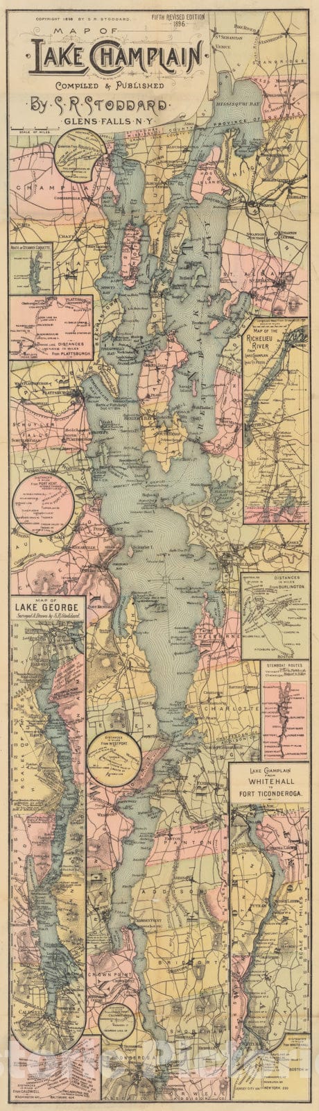 Historic Map - Map of Lake Champlain, 1892, Seneca Ray Stoddard - Vintage Wall Art