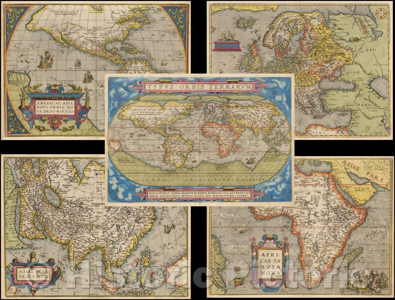 Historic Map - World & Continents Typus Orbis Terrarum/Americae Sive Novi Orbis Nova Descriptio/Asiae Nova Descriptio/Africae Tabula Nova/Europae, 1579 - Vintage Wall Art